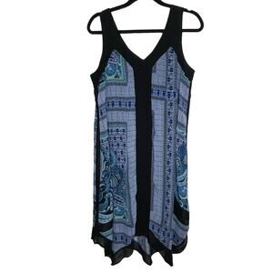 Paisley Midi‎ Sz L Tank Dress Blue Black Handkerchief Hem Beach Boho Geometric